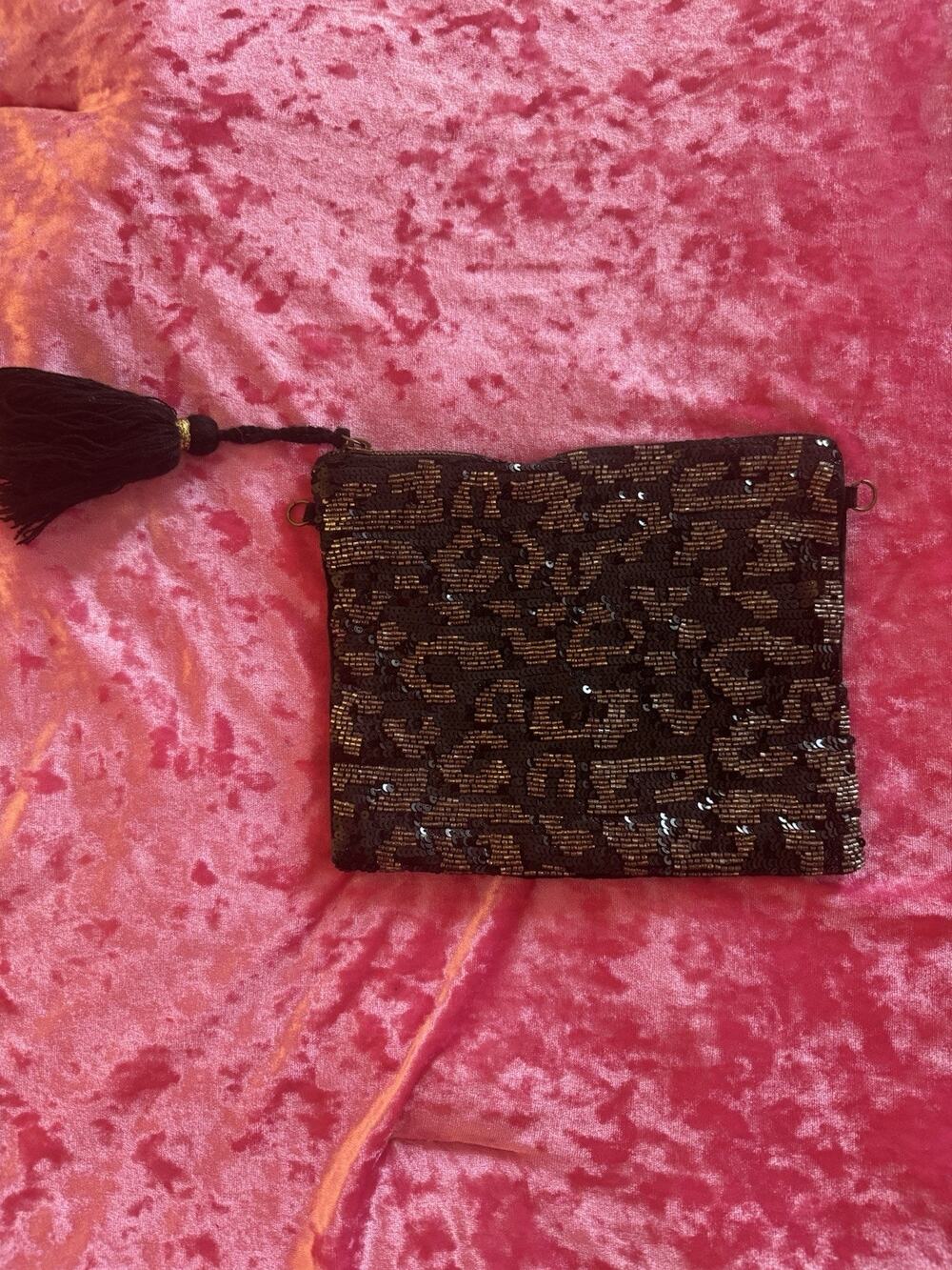 World Market Sequin Beaded Clutch Black Gold Cheetah Glam Fancy Velvet